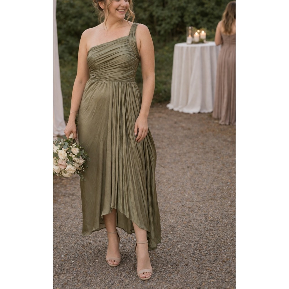 Olive Green‎ One Shoulder Formal Dress Metallic Ruched Gown Size M